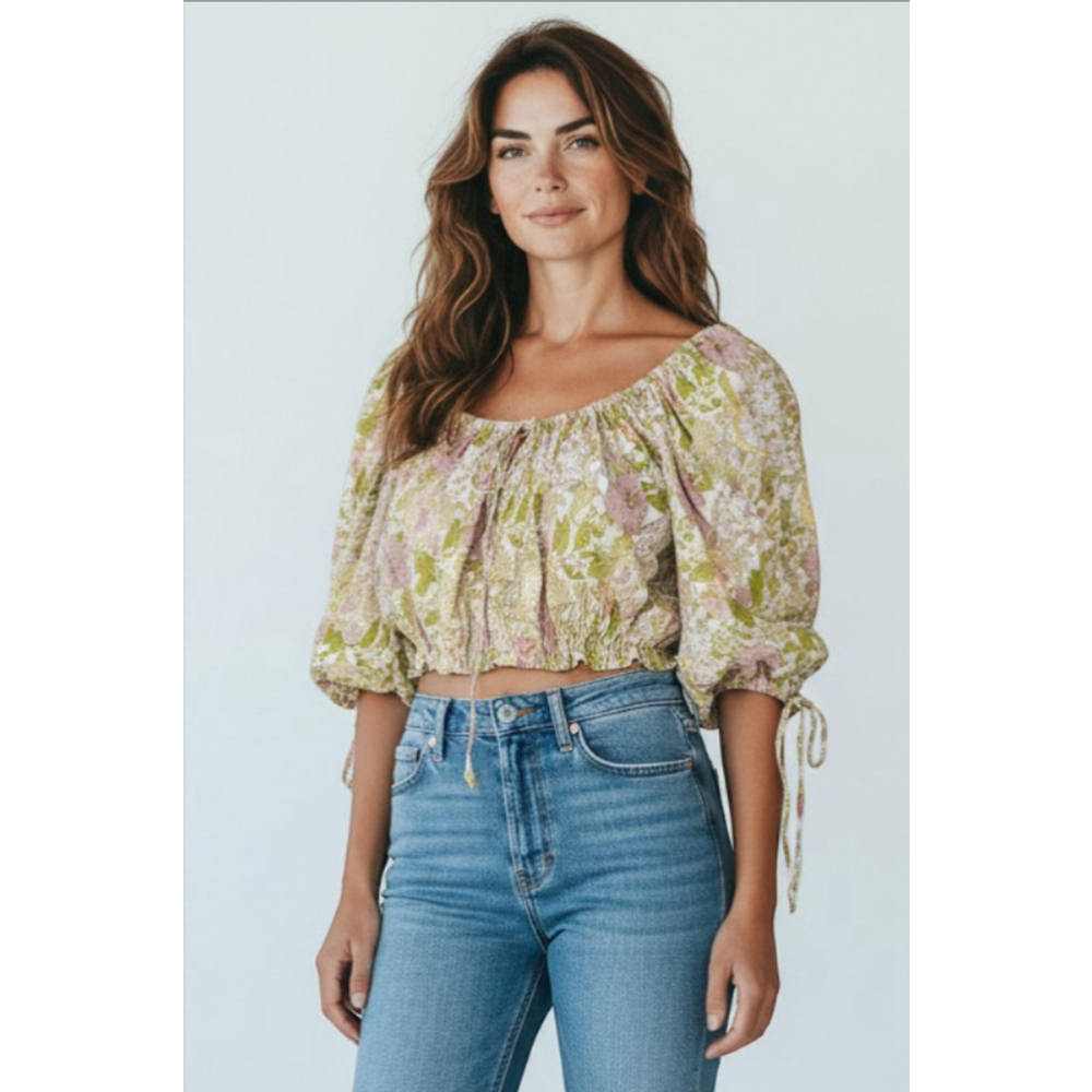 Rachel Zoe Off-Shoulder Floral Linen Blend Crop Top Medium EUC